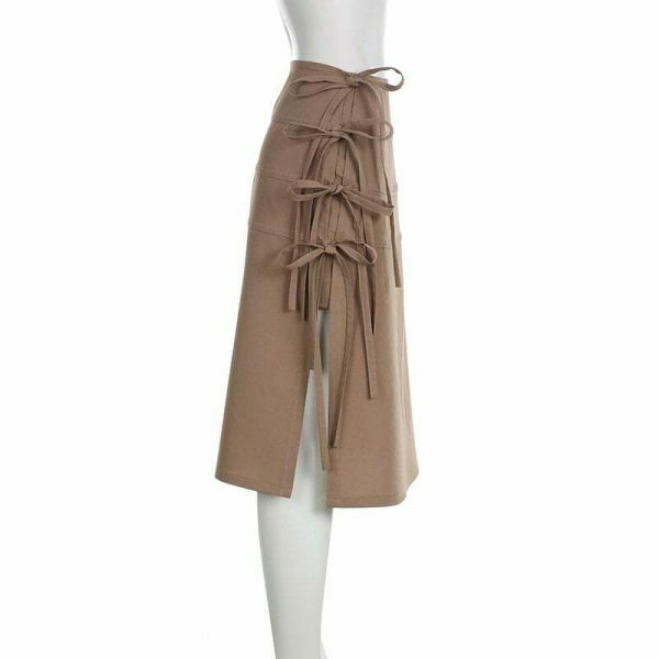 Y2K Aesthetic Lace-Up Split Long Skirt with Bow Detail