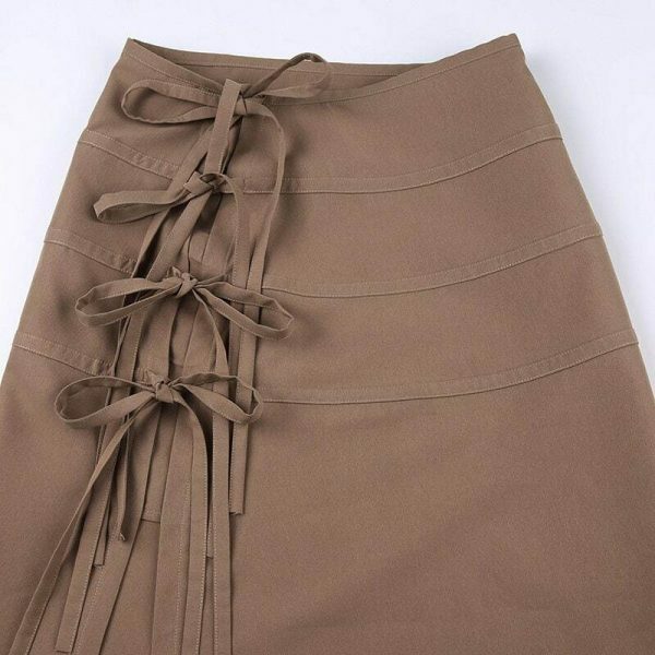 Y2K Aesthetic Lace-Up Split Long Skirt with Bow Detail