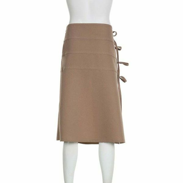 Y2K Aesthetic Lace-Up Split Long Skirt with Bow Detail