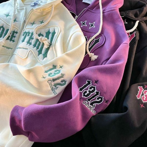 Y2K Aesthetic Letter Print Zip-Up Hoodie