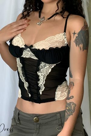 Y2K Aesthetic Mesh Coquette Lace Cami Top