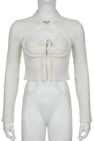 Y2K Aesthetic Mesh Lace-Up Long Sleeve T Blouse - Streetwear Fashion