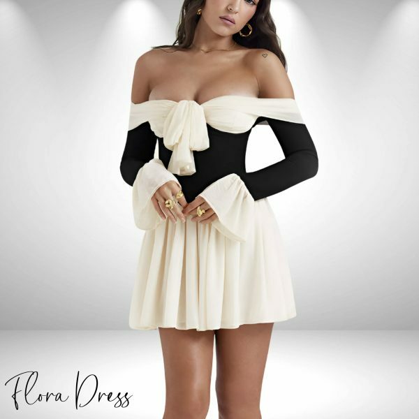 Y2K Aesthetic Mini Dress with Bow and Off-The-Shoulder Long Sleeve