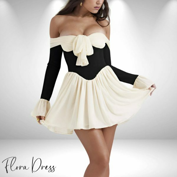 Y2K Aesthetic Mini Dress with Bow and Off-The-Shoulder Long Sleeve