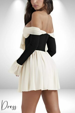 Y2K Aesthetic Mini Dress with Bow and Off-The-Shoulder Long Sleeve