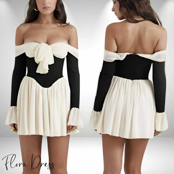 Y2K Aesthetic Mini Dress with Bow and Off-The-Shoulder Long Sleeve