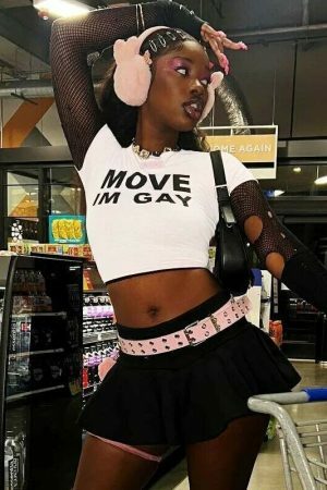 Y2K Aesthetic MOVE IM GAY Baby Tee - Trendy Streetwear Top