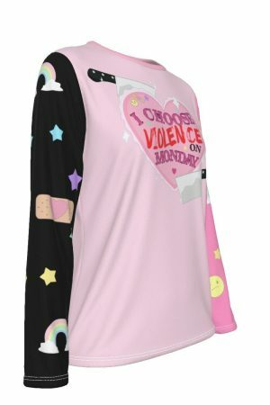 Y2K Aesthetic Pastel Goth Long Sleeve Shirt - Pink and Black