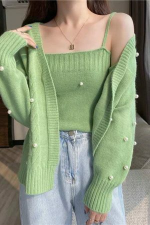 Y2K Aesthetic Soft Knit Crop Top and Cardigan Set in Lilac, Purple, Green, and Cream