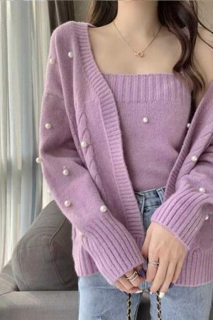 Y2K Aesthetic Soft Knit Crop Top and Cardigan Set in Lilac, Purple, Green, and Cream