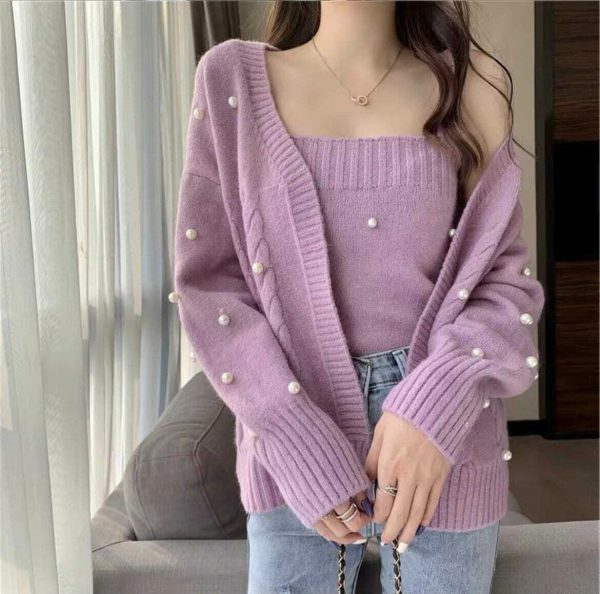 Y2K Aesthetic Soft Knit Crop Top and Cardigan Set in Lilac, Purple, Green, and Cream