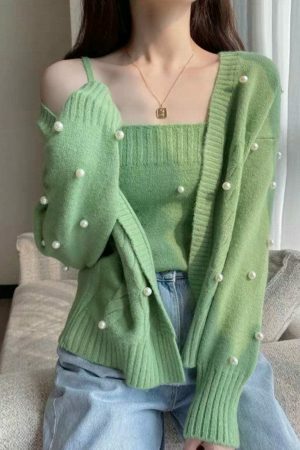 Y2K Aesthetic Soft Knit Crop Top and Cardigan Set in Lilac, Purple, Green, and Cream