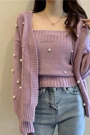 Y2K Aesthetic Soft Knit Crop Top and Cardigan Set in Lilac, Purple, Green, and Cream