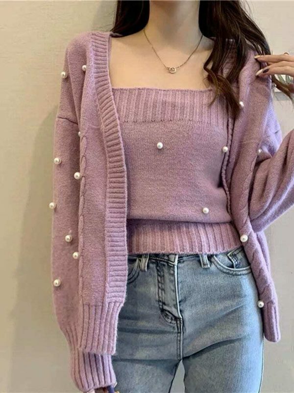 Y2K Aesthetic Soft Knit Crop Top and Cardigan Set in Lilac, Purple, Green, and Cream