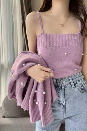 Y2K Aesthetic Soft Knit Crop Top and Cardigan Set in Lilac, Purple, Green, and Cream