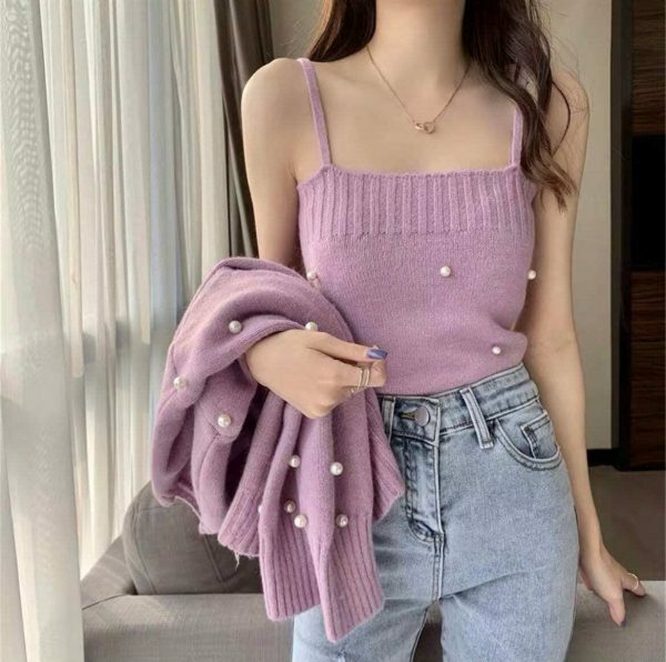 Y2K Aesthetic Soft Knit Crop Top and Cardigan Set in Lilac, Purple, Green, and Cream