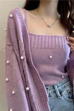 Y2K Aesthetic Soft Knit Crop Top and Cardigan Set in Lilac, Purple, Green, and Cream