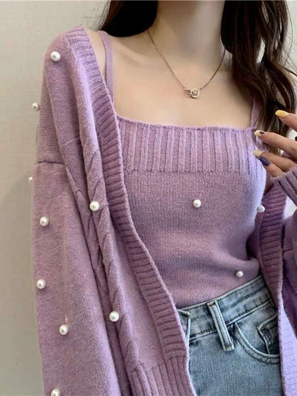 Y2K Aesthetic Soft Knit Crop Top and Cardigan Set in Lilac, Purple, Green, and Cream