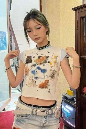 Y2K Aesthetics Harajuku Kawaii Cat Print Tee - Japanese & Korean Streetwear