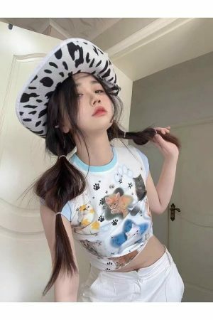 Y2K Aesthetics Harajuku Kawaii Cat Print Tee - Japanese & Korean Streetwear