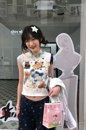 Y2K Aesthetics Harajuku Kawaii Cat Print Tee - Japanese & Korean Streetwear