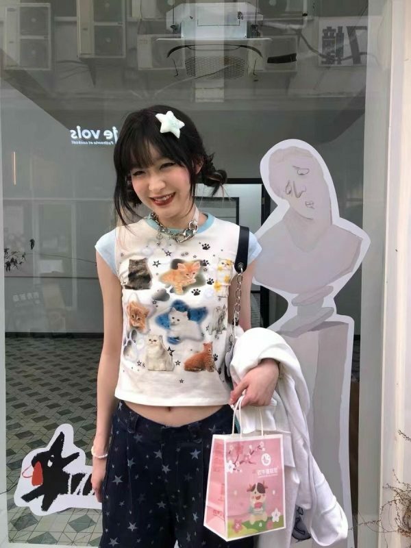 Y2K Aesthetics Harajuku Kawaii Cat Print Tee - Japanese & Korean Streetwear