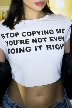 Y2K Angel Baby Stop Copying Me Crop Top - Funny Slogan Streetwear Tee