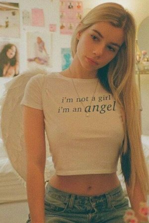 Y2K Angel Crop Tee with Funny Slogan, Kawaii Short Sleeve Graphic Tee for Women