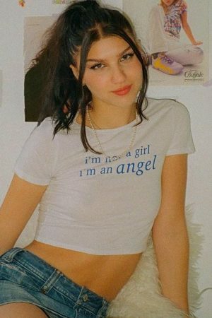 Y2K Angel Crop Tee with Funny Slogan, Kawaii Short Sleeve Graphic Tee for Women