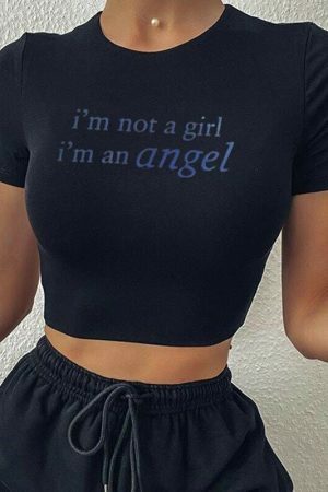 Y2K Angel Crop Tee with Funny Slogan, Kawaii Short Sleeve Graphic Tee for Women