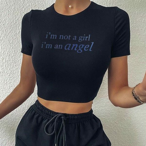 Y2K Angel Crop Tee with Funny Slogan, Kawaii Short Sleeve Graphic Tee for Women