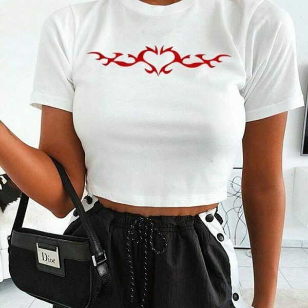 Y2K Angel Heart Gothic Print Crop Tee - E-Girl Grunge Korean Style Emo Top