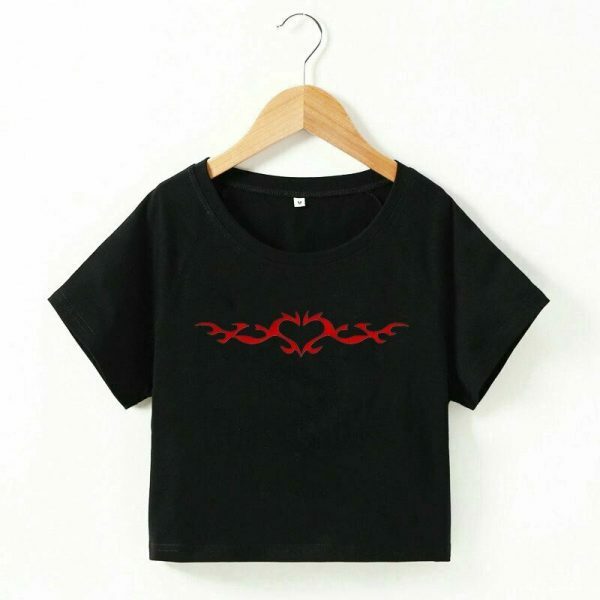 Y2K Angel Heart Gothic Print Crop Tee - E-Girl Grunge Korean Style Emo Top