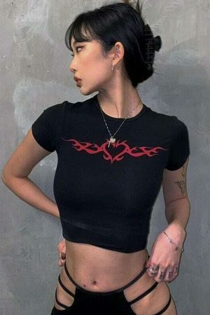 Y2K Angel Heart Gothic Print Crop Tee - E-Girl Grunge Korean Style Emo Top