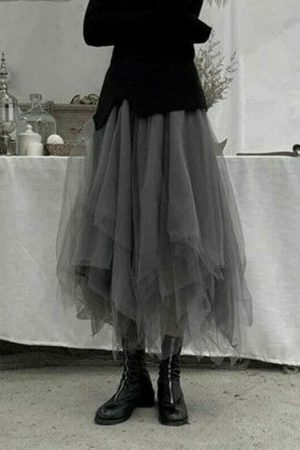 Y2K Asymmetric Mesh Tulle Long Skirt Streetwear Aesthetic