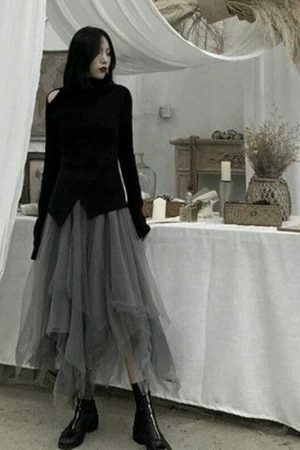 Y2K Asymmetric Mesh Tulle Long Skirt Streetwear Aesthetic