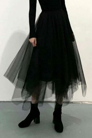 Y2K Asymmetric Mesh Tulle Long Skirt Streetwear Aesthetic