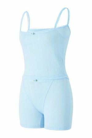 Y2K Baby Blue Lace Trim Tank Top and Shorts Set