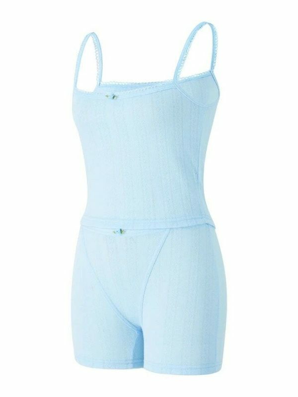 Y2K Baby Blue Lace Trim Tank Top and Shorts Set