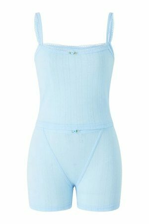 Y2K Baby Blue Lace Trim Tank Top and Shorts Set