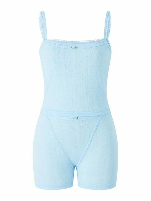 Y2K Baby Blue Lace Trim Tank Top and Shorts Set