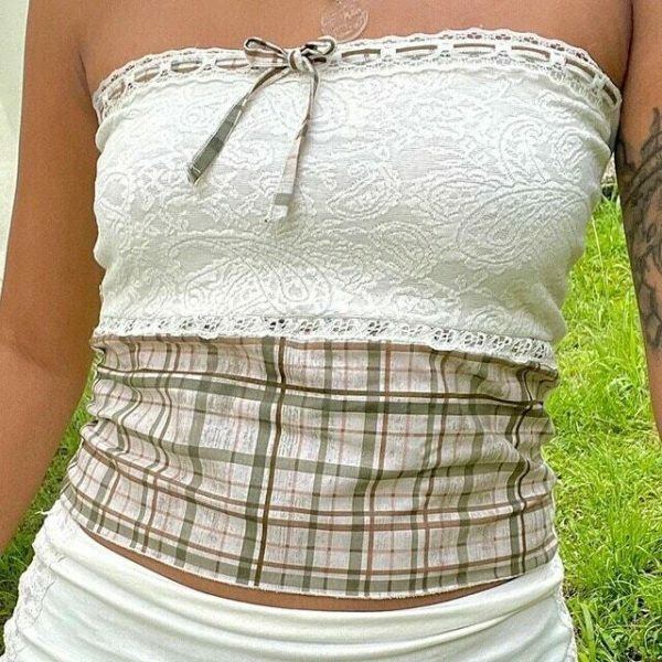 Y2K Backless White Lace Tube Top with Green Plaid Patchwork Design