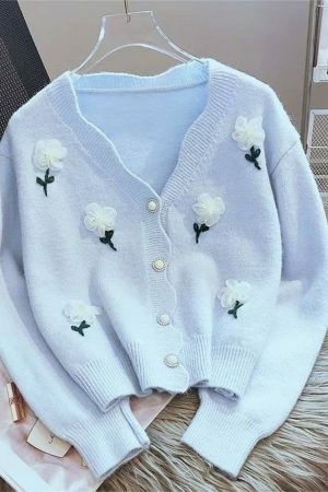 Y2K Beaded Flower Knit Cardigan