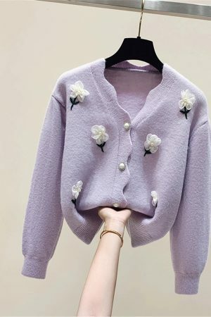 Y2K Beaded Flower Knit Cardigan