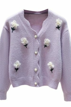 Y2K Beaded Flower Knit Cardigan