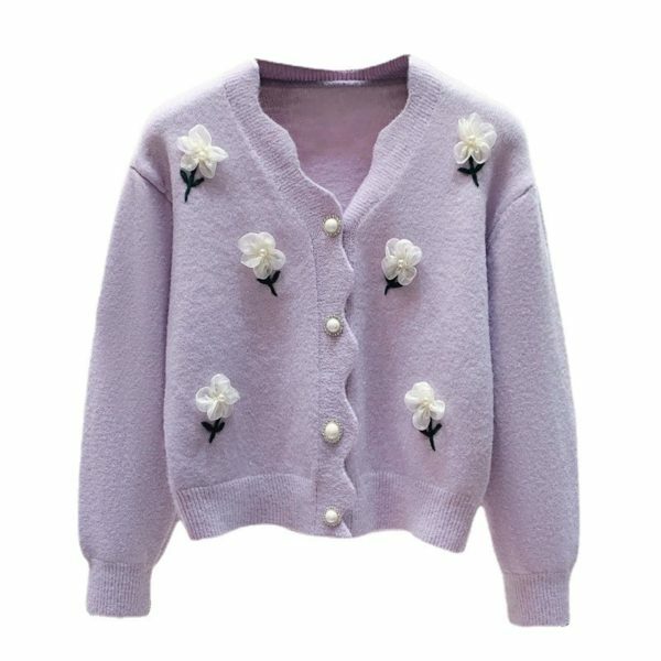 Y2K Beaded Flower Knit Cardigan