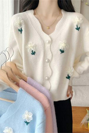 Y2K Beaded Flower Knit Cardigan