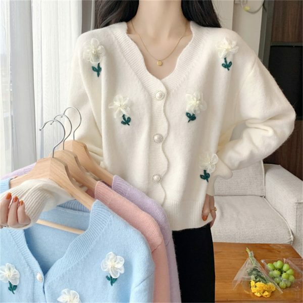 Y2K Beaded Flower Knit Cardigan