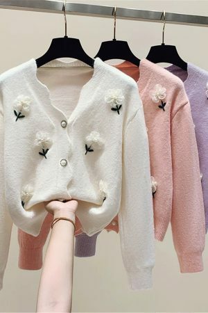 Y2K Beaded Flower Knit Cardigan