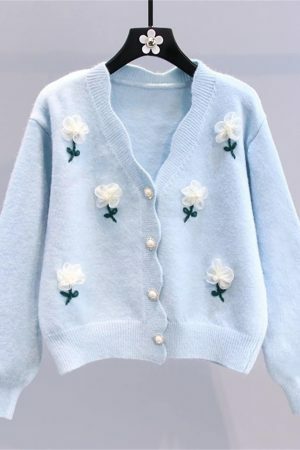 Y2K Beaded Flower Knit Cardigan